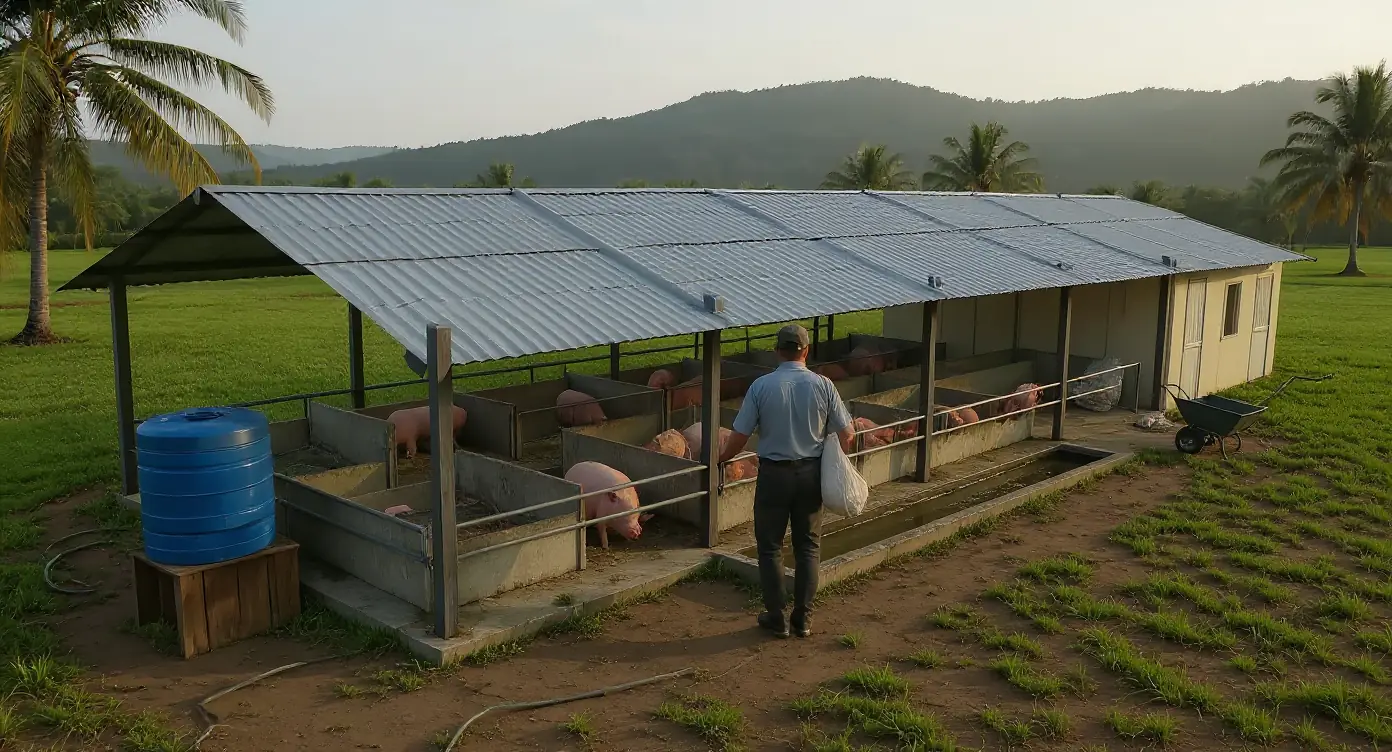 Illustration of the planned pig house at Gepanaga's Farm: pens under a steel-framed tin roof