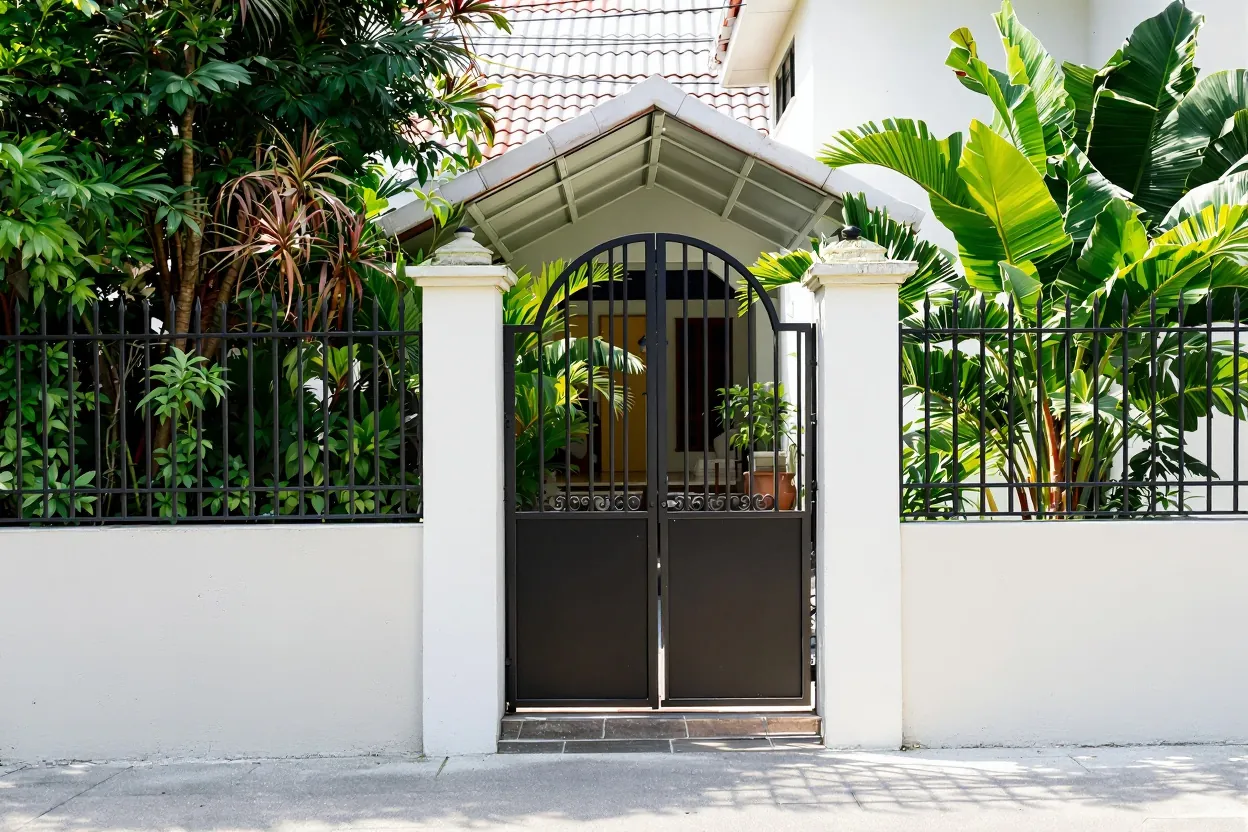 Small black arched pedestrian gate in a white fence