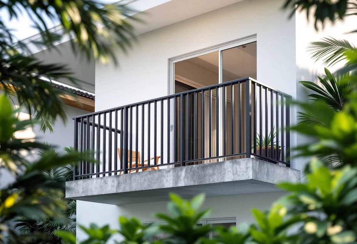 Black steel balcony railing of vertical square bars on a white two-storey house