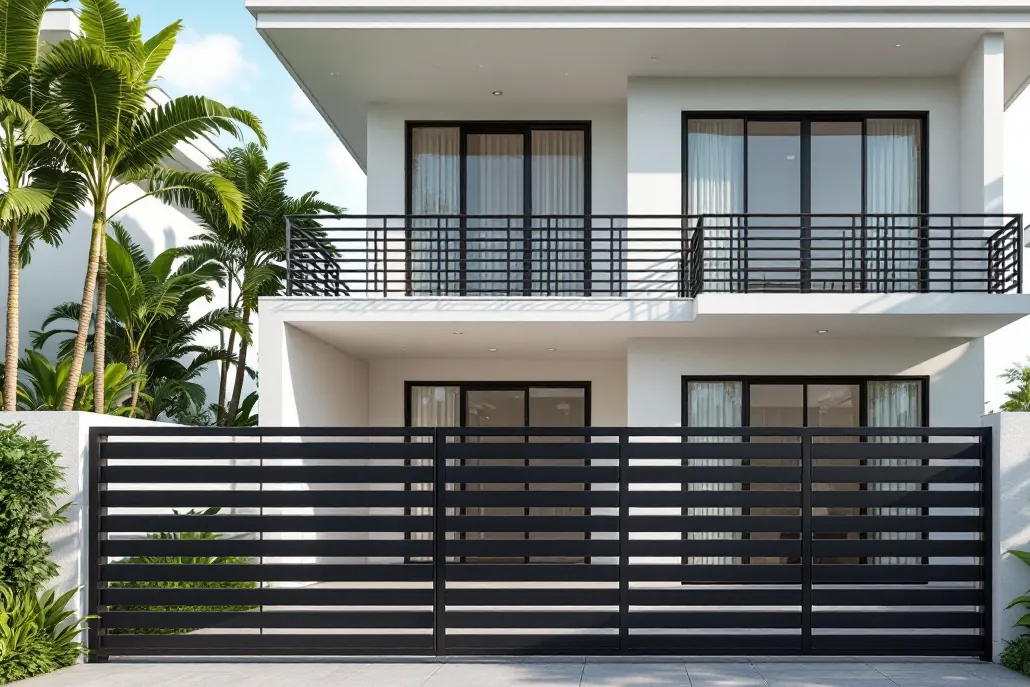 Charcoal horizontal-slat balcony railing matching the steel gate below
