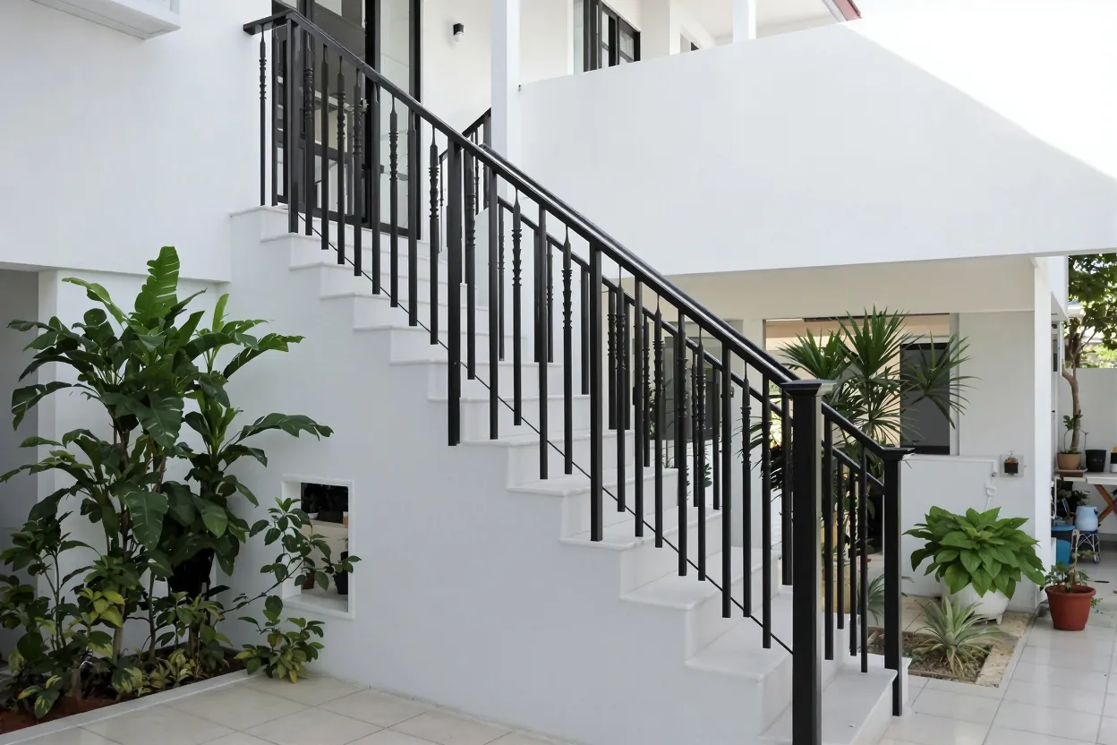 Black steel stair railing on a white two-storey house