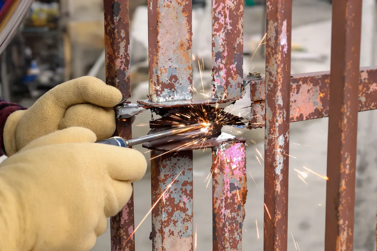 Gloved hands welding a broken hinge on a rusty gate, sparks flying